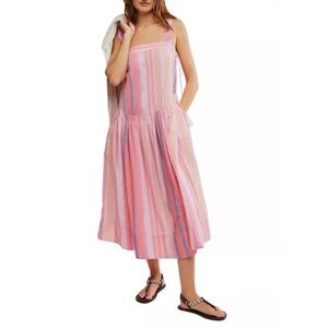 Free People Primavera Dress Womens Small Strawberry Combo Pink Stripe Cotton NWT